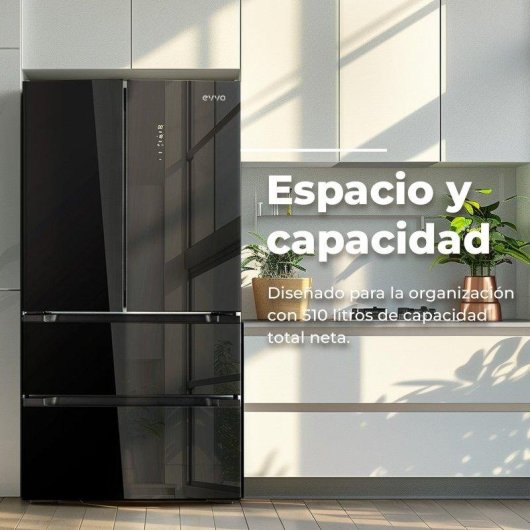 Frigorífico Francés Evvo F80B Glass Total No Frost 183cm 510L E Negro Cristal