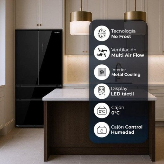 Frigorífico Cuatro Puertas Hyundai HFR19090EDCB00 No Frost 193cm 521L E Cristal negro