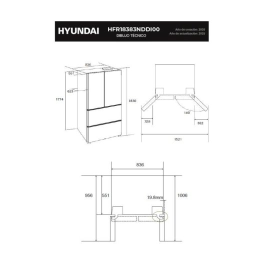 Frigorífico Cuatro Puertas Hyundai HFR18383NDDI00 No Frost 183cm 436L E Inox Display táctil