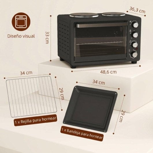 Mini Forno Homcom 800-198V90BK 28L 2600W 2 Placas 4 Níveis Preto