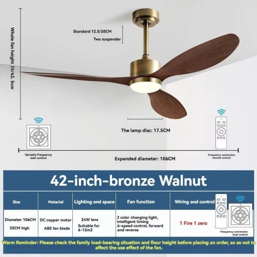 Ventilatore da Soffitto con Luce Autrucker 24W 106cm 6 Velocità Telecomando Silenzioso Bronzo