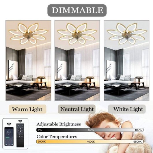 Ventilatore da Soffitto con Luce Autrucker 90cm 6 Velocità LED 3 Colori Telecomando App Motore DC