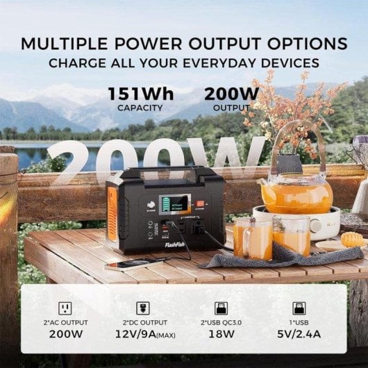 Estação de energia Flashfish E200 151Wh 7 portas AC, DC, USB Carregador solar