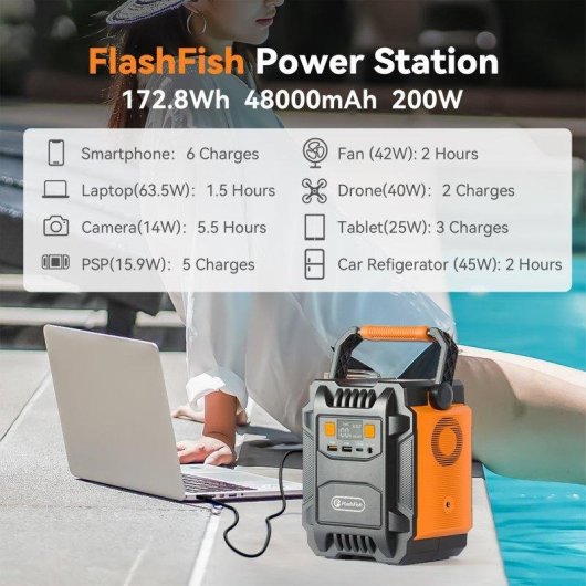 Estação de energia Flashfish A201 172,8Wh 2 portas AC 3 portas USB Bateria Li-ion