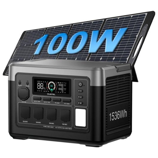 Estação de energia Oukitel P1500 Plus 1536Wh 2 AC, 4 USB Bateria LiFePO4 Painel solar 100W App