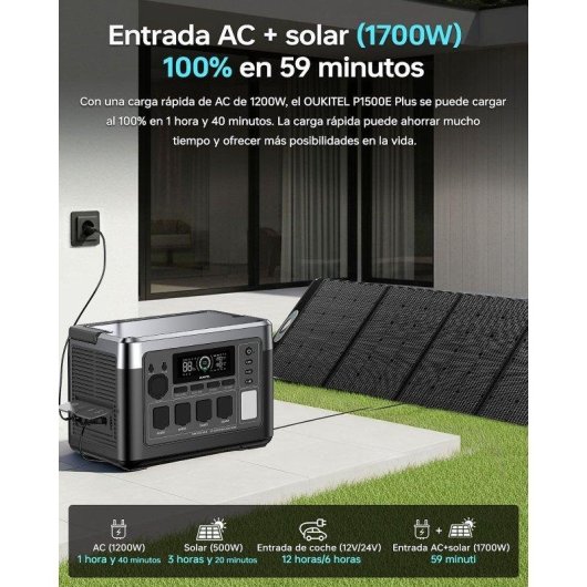 Estação de energia Oukitel P1500 Plus 1536Wh 2 AC, 4 USB Bateria LiFePO4 Painel solar 100W App