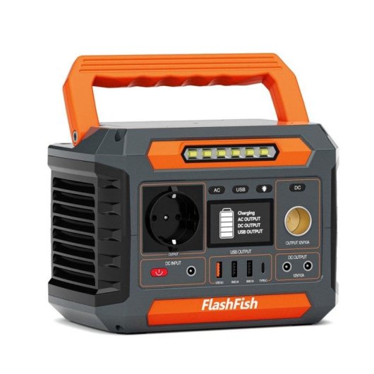 Estação de energia Flashfish P66a 144,3Wh 200W 230V AC 4 portas USB LED integrada