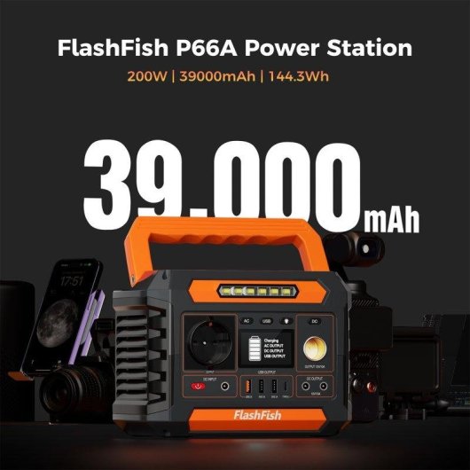 Estação de energia Flashfish P66a 144,3Wh 200W 230V AC 4 portas USB LED integrada