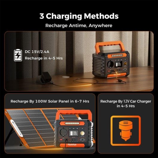 Estação de energia Flashfish P66a 144,3Wh 200W 230V AC 4 portas USB LED integrada