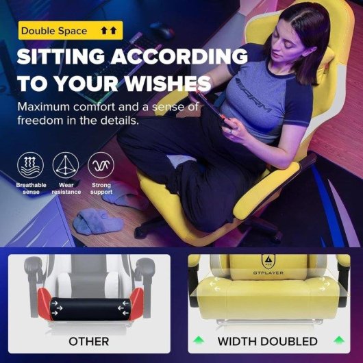 Silla gaming ergonómica GTPLAYER con soporte para pies y asiento de muelles amarillo
