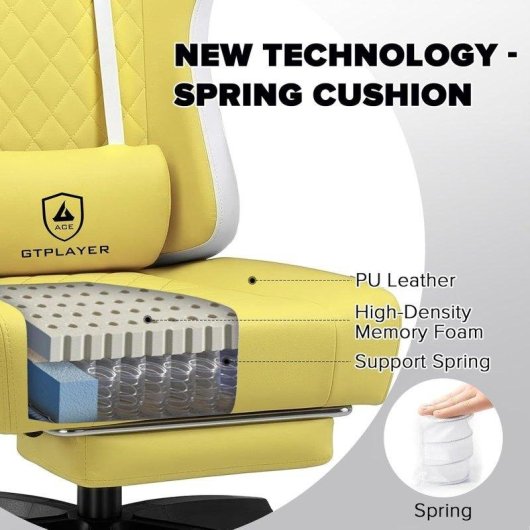 Silla gaming ergonómica GTPLAYER con soporte para pies y asiento de muelles amarillo