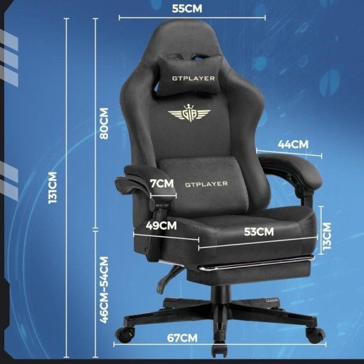 Cadeira Gaming GTPLAYER Cinzento Tecido 160deg Reposapés