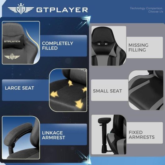 Cadeira Gaming GTPLAYER Cinzento Tecido 160deg Reposapés
