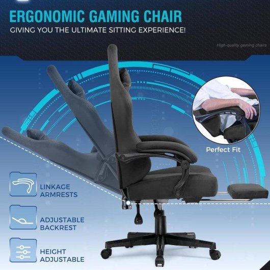 Cadeira Gaming GTPLAYER Cinzento Tecido 160deg Reposapés