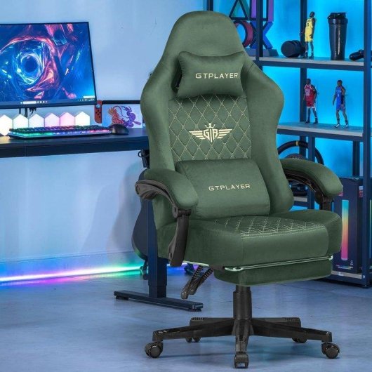 Silla Gaming GTPLAYER Ergonómica con Asiento de Muelles y Reposapiés - Tela Verde