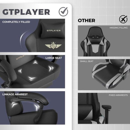 Silla gaming GTPLAYER con reclinación 150° y reposapiés negro