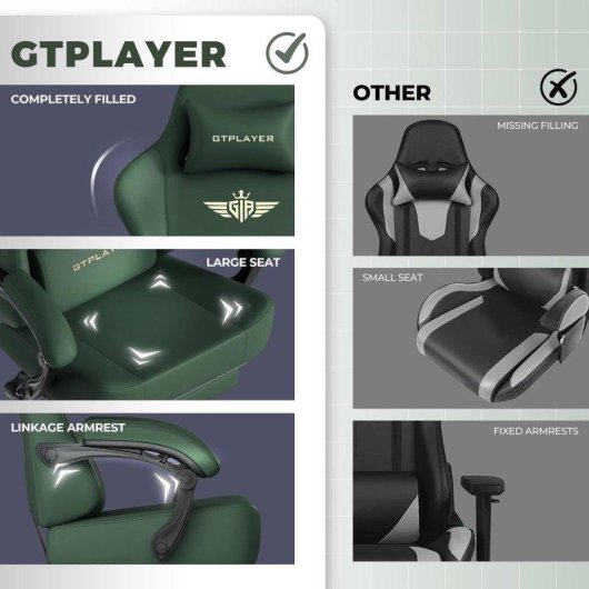 Silla Gaming GTPLAYER con Reclino 150° y Reposapiés - Cuero Sintético Verde