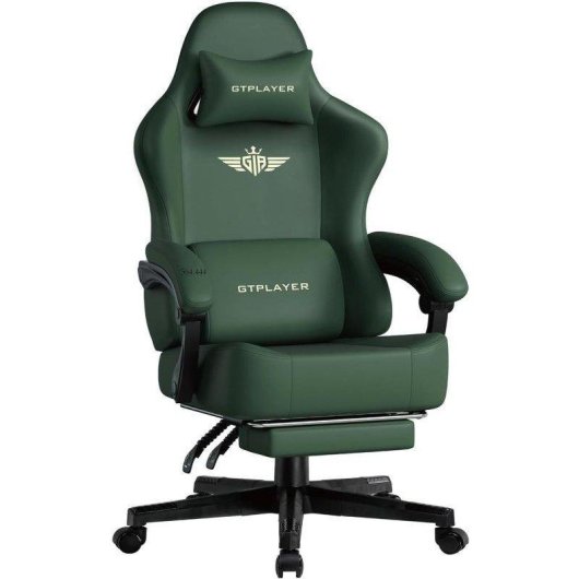 Silla Gaming GTPLAYER con Reclino 150° y Reposapiés - Cuero Sintético Verde