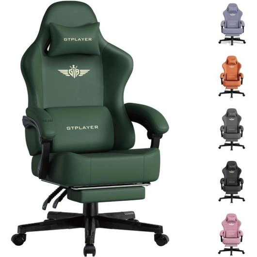 Silla Gaming GTPLAYER con Reclino 150° y Reposapiés - Cuero Sintético Verde