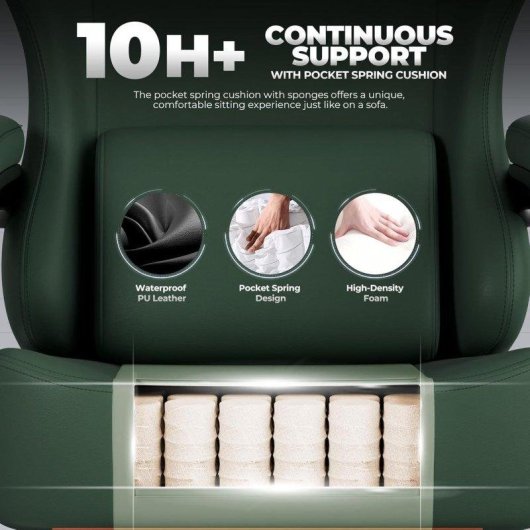 Silla Gaming GTPLAYER con Reclino 150° y Reposapiés - Cuero Sintético Verde