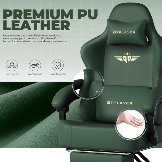 Silla Gaming GTPLAYER con Reclino 150° y Reposapiés - Cuero Sintético Verde