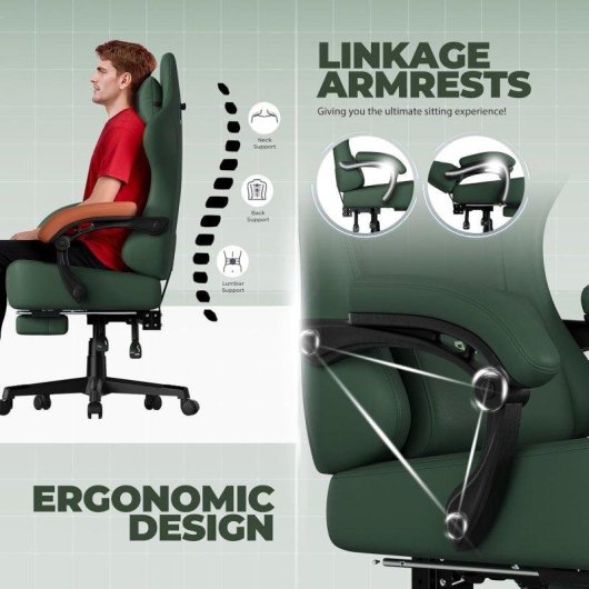 Silla Gaming GTPLAYER con Reclino 150° y Reposapiés - Cuero Sintético Verde