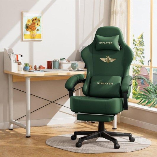 Silla Gaming GTPLAYER con Reclino 150° y Reposapiés - Cuero Sintético Verde
