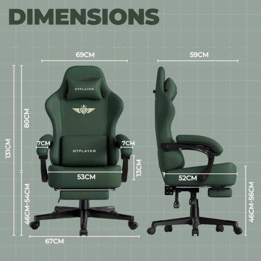 Silla Gaming GTPLAYER con Reclino 150° y Reposapiés - Cuero Sintético Verde