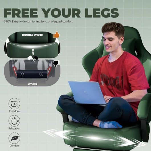 Silla Gaming GTPLAYER con Reclino 150° y Reposapiés - Cuero Sintético Verde