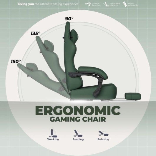 Silla Gaming GTPLAYER con Reclino 150° y Reposapiés - Cuero Sintético Verde