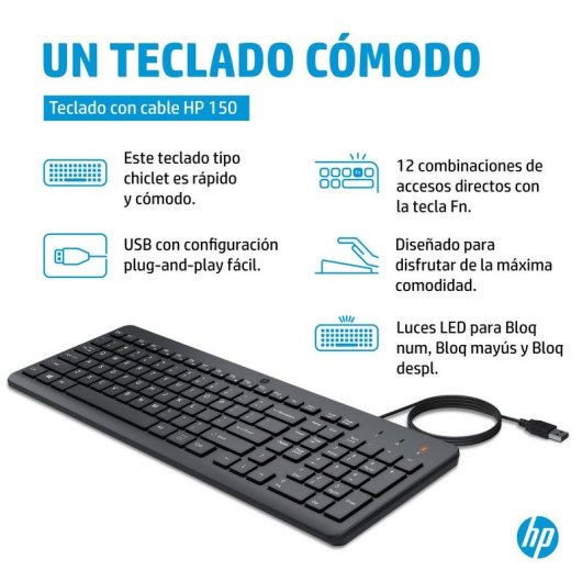 Teclado HP 150 alámbrico completo USB negro con cable de 1 m
