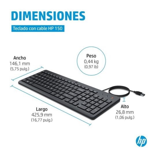Teclado HP 150 alámbrico completo USB negro con cable de 1 m