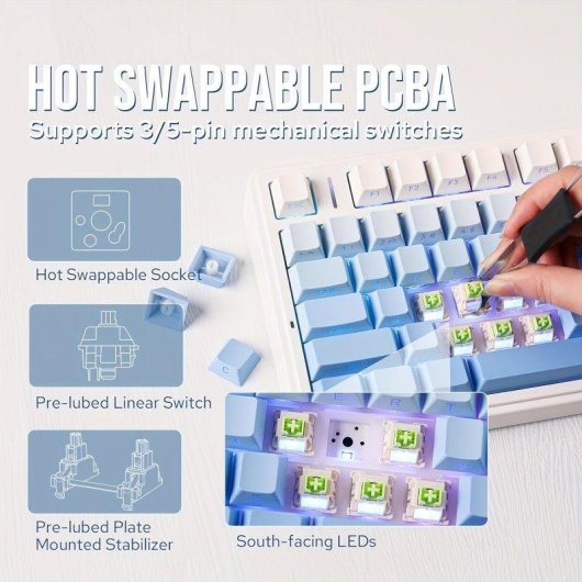 Teclado Aula F75 mecánico compacto 75% RGB tri-modo azul degradado