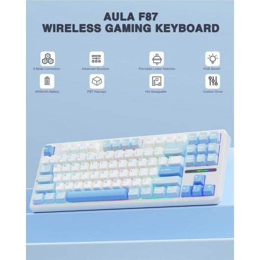 Teclado Aula F87 mecánico gaming trimodo hot-swap RGB blanco y azul