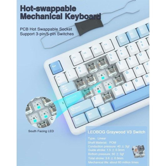 Teclado Aula F87 mecánico gaming trimodo hot-swap RGB blanco y azul
