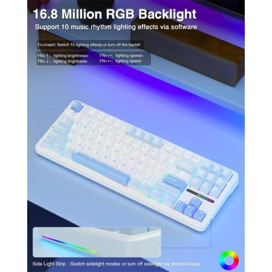 Teclado Aula F87 mecánico gaming trimodo hot-swap RGB blanco y azul