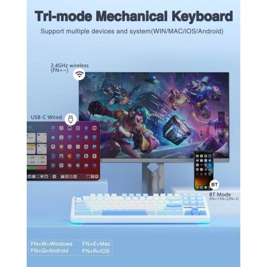 Teclado Aula F87 mecánico gaming trimodo hot-swap RGB blanco y azul