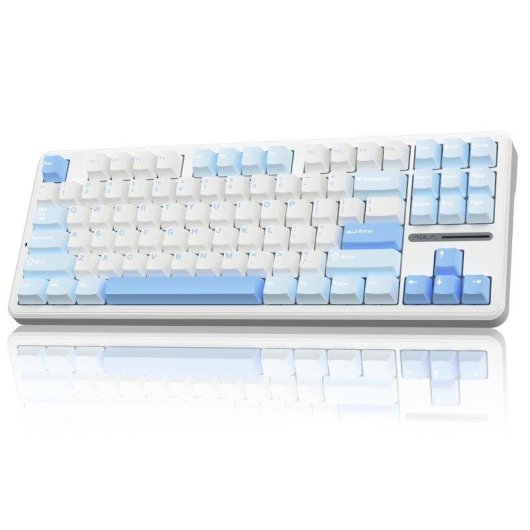 Teclado Aula F87 mecánico gaming trimodo hot-swap RGB blanco y azul