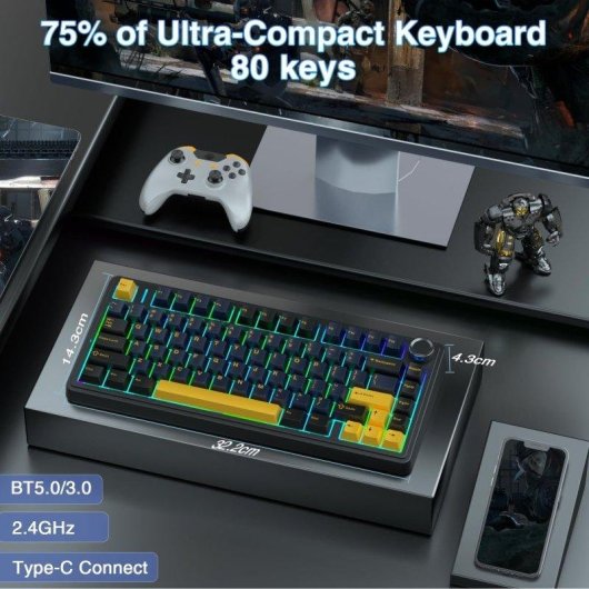 Teclado Aula F75 mecánico compacto 75% tri-modo RGB con rueda