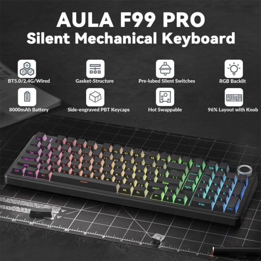 Teclado Aula F99 Pro mecánico inalámbrico silencioso RGB 96% compacto