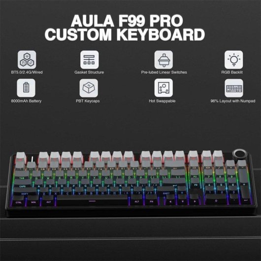 Teclado Aula F99 Pro mecánico inalámbrico tri-modo con RGB y hot-swap