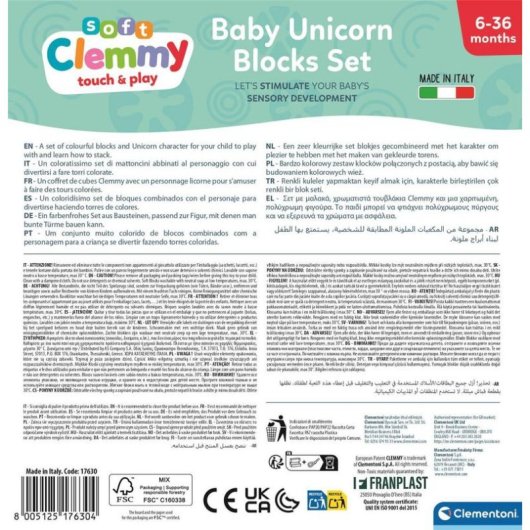 Clementoni Clemmy Arcoíris 10 Cubos Blandos Apilables + Personaje Unicornio 17630 11 peças
