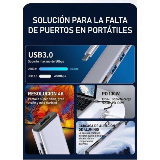 Hub USB-C Dam Electronics 7 en 1 – HDMI 4K60, PD 100W