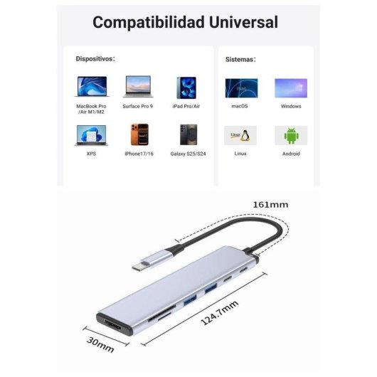 Hub USB-C Dam Electronics 7 en 1 – HDMI 4K60, PD 100W
