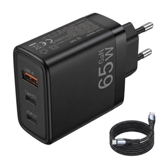 Carregador GaN 65W Dam Electronics 3 portas USB-C USB-A