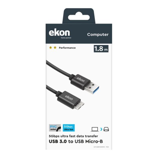 Cable USB Ekon USB A a Micro-USB 1,8 m USB 3.2 Gen 1 Negro