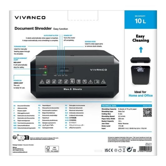Destructeur de papier Vivanco VNSHREDL10 Coupe en bandes 6 mm