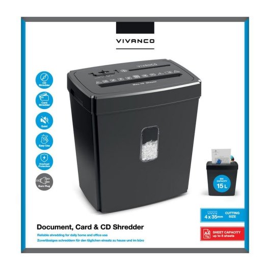 Destructeur de papier Vivanco VNSHREDL15CD coupe particules 15 L 10 feuilles