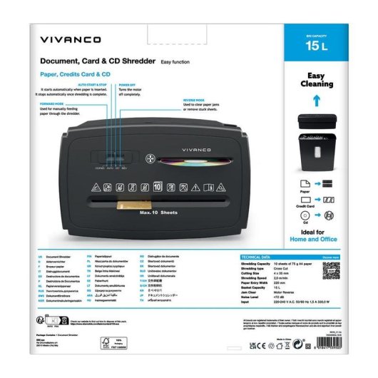 Destructeur de papier Vivanco VNSHREDL15CD coupe particules 15 L 10 feuilles