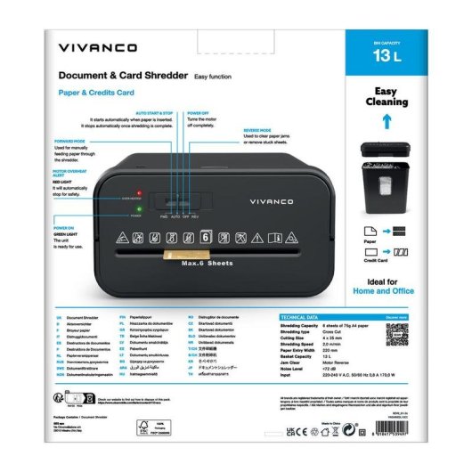 Trituradora de papel Vivanco VNSHREDL13CC 4x35 mm 13 L 6 hojas 72 dB